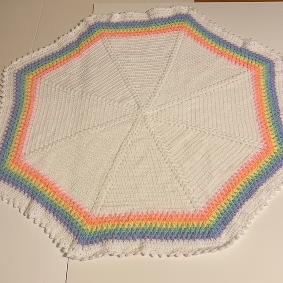 Bedding Handmade Crocheted Octagon Baby Afghan White W Rainbow Border